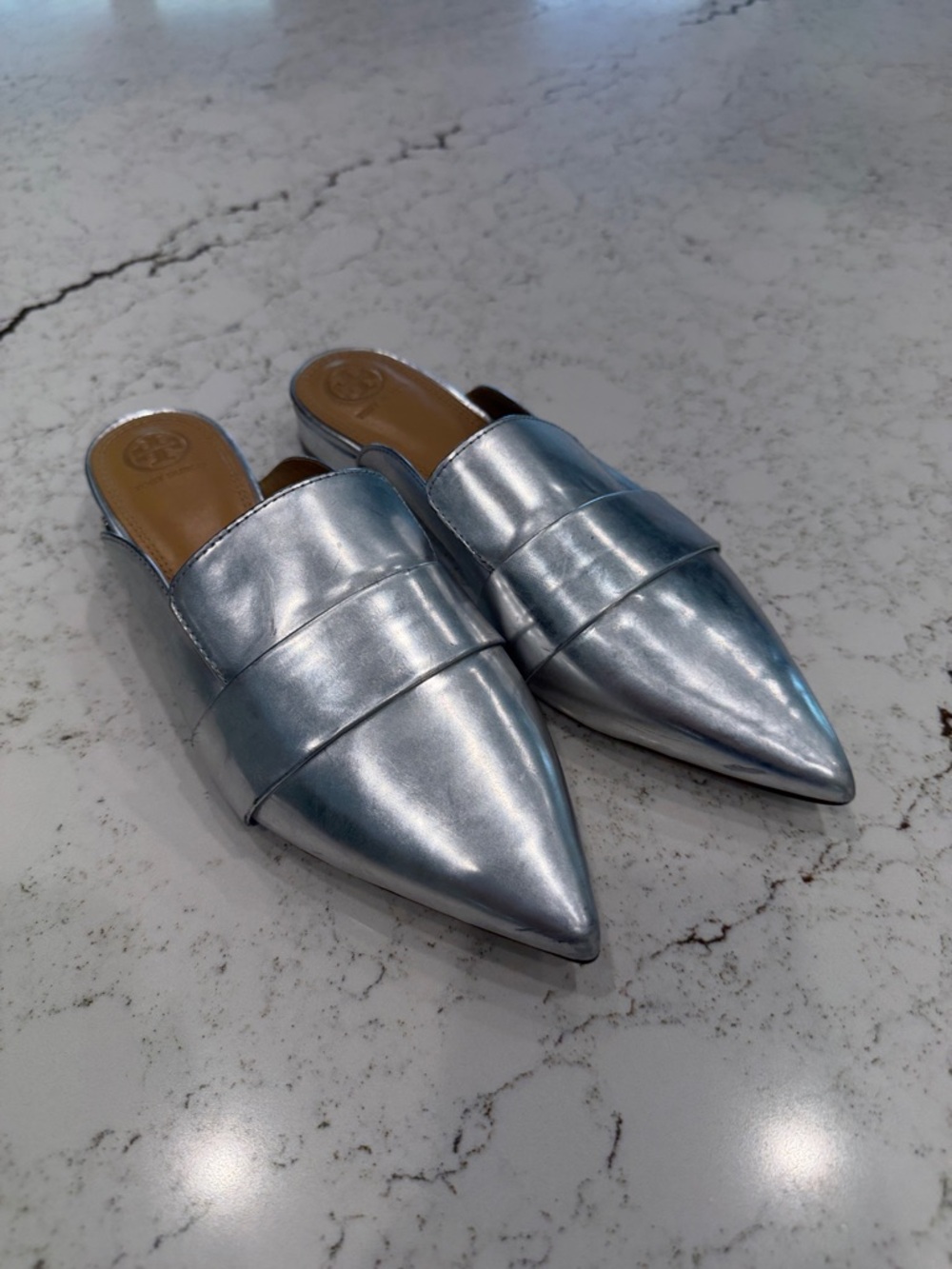 Tory Burch Metallic Silver Pointed-Toe Leather Mules